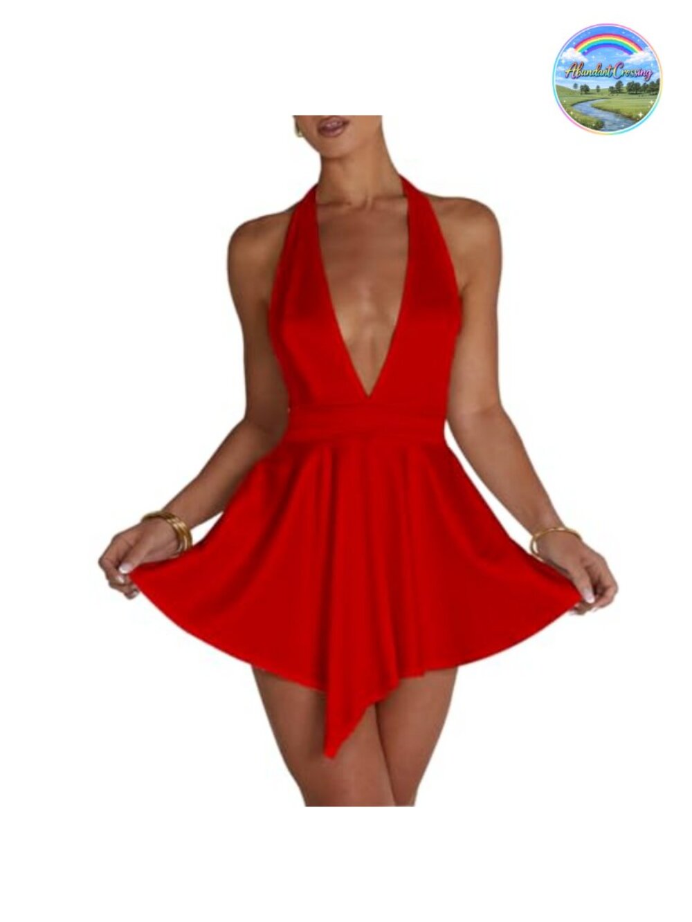 Women's Sleeveless Halter V-Neck Tie Waist Flowy Satin Mini Dress